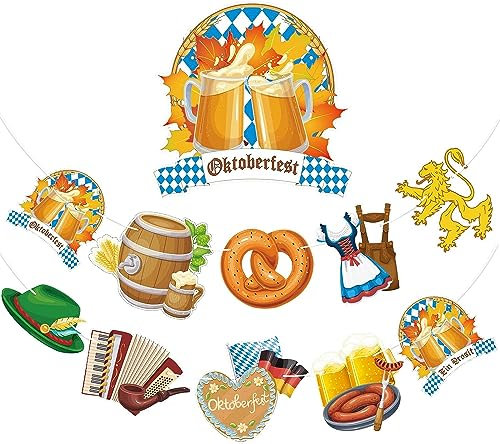 AhfuLife Oktoberfest Girlande Banner Deko, Oktoberfest Party Deko Papier Wimpelkette, 1 Stück Bayerische Deko Blau mit Weiße Girlande zum Aufhängen für Outdoor Bierzelten Garten