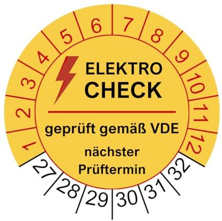50 Prüfplaketten Elektrocheck 2026 - ø 30mm - 2027-2032 - nachhaltig - gelb - geprüft gemäß VDE - Nächster Prüftermin - Aufkleber Prüfaufkleber Prüfetiketten E-Check Elektrocheck