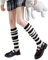 KieTeiiK Beinstulpen, japanische Damen-Beinstulpen, Goth-Punk, Schwarz / Weiß gestreift, Stiefelüberzug, gerippter Strick, gerüschter Saum, Studentensocken, Weiß/Schwarz, 40cm