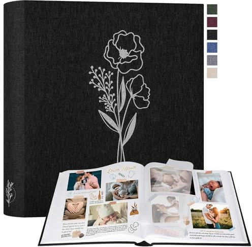 Lanpn Fotoalbum zum Selbstgestalten und Einkleben, Großes Leinen Fotobuch 100 weißen Seiten mit Pergamin Trennblätter Fasst 9x13cm 10x15cm 13x18cm Fotos (Schwarz, 30x33,5 cm)