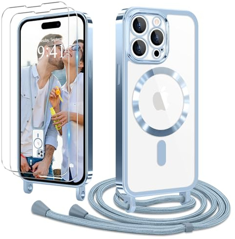 Ethanger Coque pour iPhone 15 Pro avec Cordon + 2×Verre Trempé, Bleu | Coque Transparente TPU Bumper Silicone Etui Housse avec Cordon de Collier Réglable, Cover Magnétique