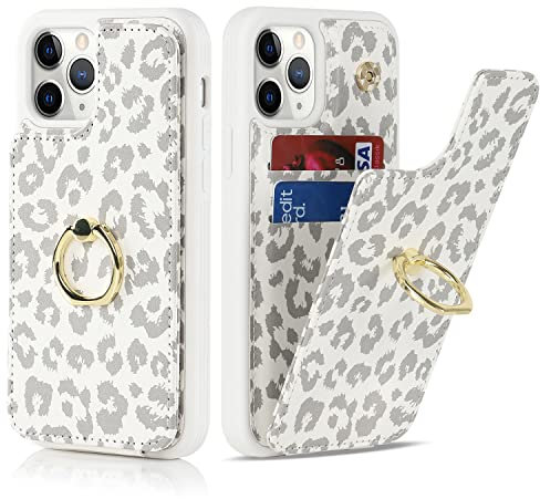 SailorTech für iPhone 11 Pro Max Handyhülle mit Kreditkartenhalter für Frauen, iPhone 11 Pro Max Hülle Ring-Ständer Kartenschlitze Standfunktion Modische Tasche für Männer - Weißer Leopard