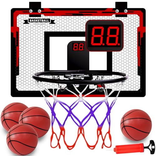 Mini Panier de Basket, Panier Basket Enfant, Panier de Basket Mural Bureau avec Tableau d'affichage électronique et 4 Ballons, Panier de Basket Interieur Exterieur, Cadeau pour Garçons Filles