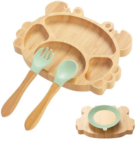 Coptiner Ventouse pour Nourrissons,Set de Vaisselle Bébé,Plateau avec Ventouse,Assiette Enfant,Plateau en Bambou avec Ventouse,Set de Sevrage pour Bébés à Partir de 3 MoisNon Glissant (Crabes)