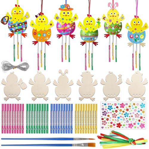 Heartsking Oster Windspiel Bastelset, 12tlg Osterbasteln mit Kindern, Küken Basteln Kinder Holzbastelsets für Kinder Osterdeko Basteln mit Pinsel Bastelhandwerk zum Bemalen für Osterdeko Frühling