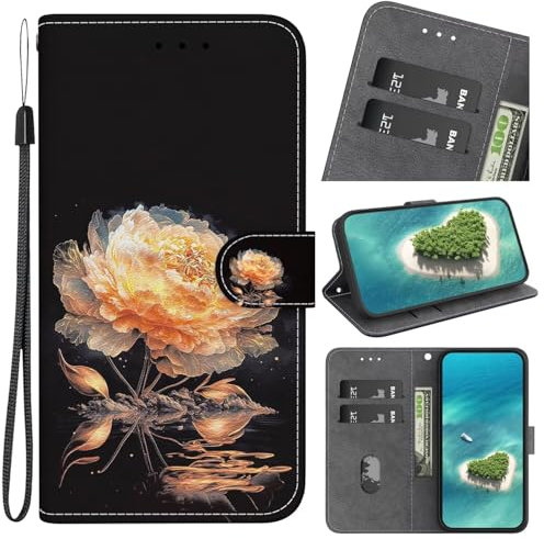 FERLAN Handyhülle Kompatibel mit Nokia 2.3 Hülle, Leder Schutzhülle Brieftasche Hülle Flip Case 3D Muster Cover mit Kartenfach Magnet Tasche Handyhüllen,Goldene Pfingstrose
