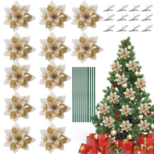 SOETDERT Weihnachtsblumen Künstlich, 12 Stück Glitter Poinsettia, Weihnachtsstern Künstlich, Gold Rot Weihnachtsbaum Deko Blumen mit 12 Clips und Stielen, Dekorationen für Weihnachten Neujahr