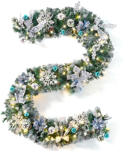 JOIEDOMI Weihnachtsgirlande mit 50 LED-Lichtern, batteriebetriebene beleuchtete Girlande mit Timer, vorbeleuchtete Girlande für den Kaminsims, 1,8 m Lange künstliche Weihnachtsdekoration für Treppen