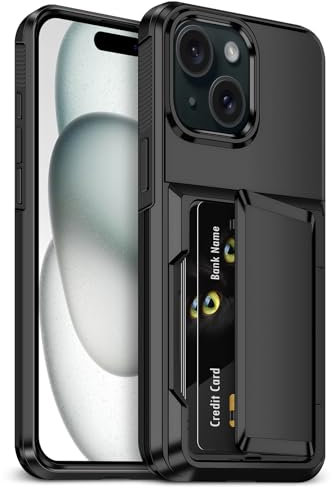 Aolcev for iPhone 15 Case with Card Holder [Max 4 Cards] Heavy Duty Protective Shockproof Cases Dual Layer Hard PC Soft TPU Bumper Hidden Card Slot Wallet Case Cover for iPhone 15 Phone Case-Black
