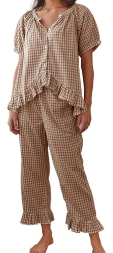 Ensemble de pyjama à carreaux Y2K pour femme, chemise vichy à manches courtes, taille haute, ourlet à volants, ensemble de détente, jaune, M