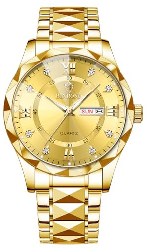 JewelryWe Herrenuhr Edelstahl Leuchtende Uhren: 30m Wasserdicht Kalender Analog Quarz Armbanduhr Herren Gold Edelstahlarmband Geschäft Lässige Uhr mit Römischen Ziffern Diamantskala & Leuchtzeiger