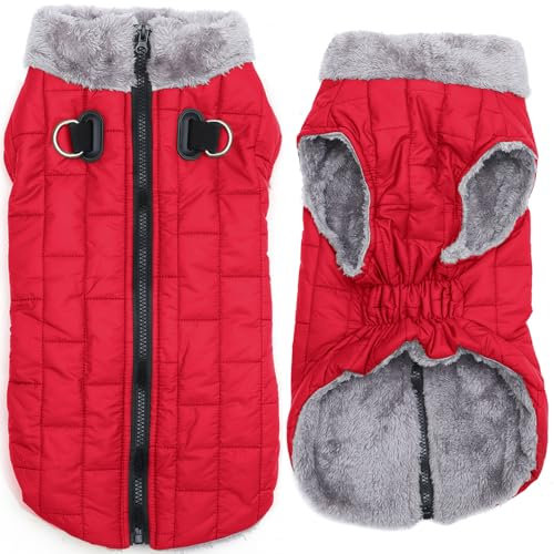 JoyDaog Warmer Fleece-Hundemantel mit strapazierfähigem Geschirr mit D-Ring, wasserdichte Hundejacke für mittelgroße Hunde, Hundeweste für den kalten Winter, Rot, Größe XL