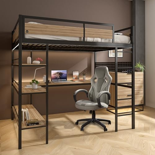 X-Rocker Denver Double Bunk Bed with Desk, High Sleeper with Desk, Double Loft Bed, with Soft Glow LED Lights, Ladder with Metal Frame, Studying Desk for Dorms, XR Living, 4ft6 - OAK/BLACK