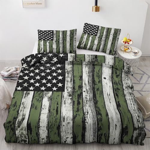 Amerikanische Flagge Bettwäsche 155x220 - Rustikal USA Flagge Bettbezug 155x220 3 Teilig, Weiche & Angenehme Mikrofaser Bettbezüge & 2 Kissenbezug 80x80, Bettwäsche-sets mit Reißverschluss Y#&-70