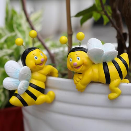 Set of 2 Bee Figure Plant Pot Hanger, Turtle Flower Pot Hugger, Resin Bees Statue, Funny Pot Huggers for Planters, Cute Climbing Bee Flower Pot Hugger, Garden Fence Balcony Patio Yard (BEE)