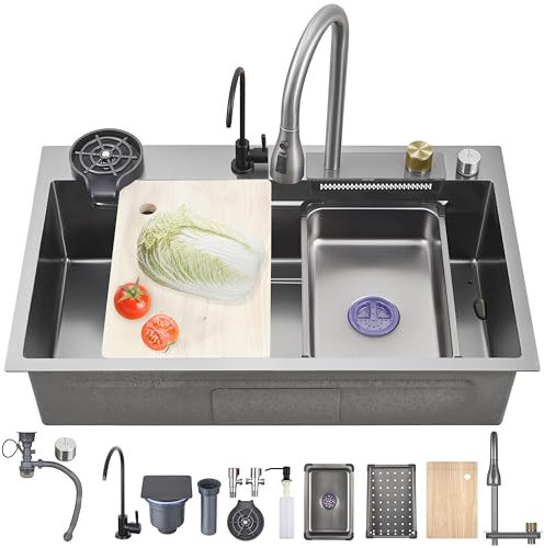 Ribanedy fregadero cascada multifuncional 85 x 45 cm, gris oscuro, fregadero cocina 1 seno inoxidable con grifo rociador abatible, lavavasos y set de accesorios