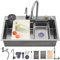 Ribanedy fregadero cascada multifuncional 85 x 45 cm, gris oscuro, fregadero cocina 1 seno inoxidable con grifo rociador abatible, lavavasos y set de accesorios