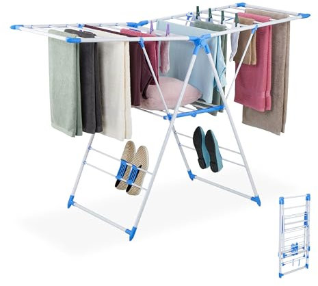 Relaxdays Tendedero Plegable, 2 Alas, 2 Niveles, Tenderete Abatible, 99 x 155 x 61 cm, Secador de Ropa, Blanco/Azul, Plástico, Hierro