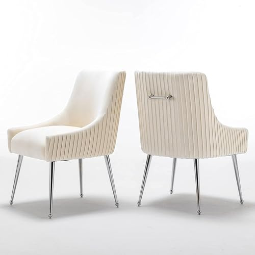 SEYNAR Esszimmerstühle aus beigem Samt, 2er-Set, Moderne Hochlehnern mit Tufting und silbernen Metallbeinen – für Esszimmer, Wohnzimmer & Schlafzimmer