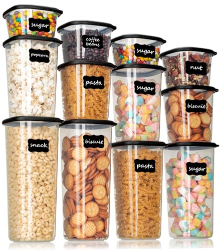Cozary Set de recipientes herméticos para alimentos – 12 botes cocina (2x 0.36L-1.64L) und 16 etiquetas negras, ideal para almacenaje cocina, tarros cocina