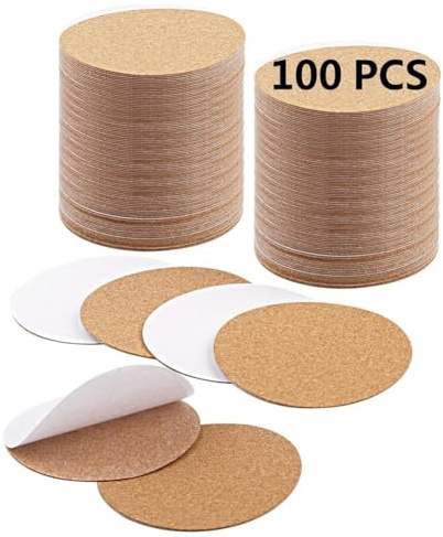 Sefdrert Bulk Set of 100 Self-Stick Cork Coaster Bottoms for DIY Projects, Adhesive Round Backings for Stability