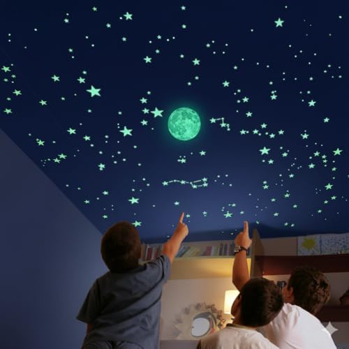 Alcrea® Exakter Sternenhimmel mit 2m² Vorlage 540 Leuchtende Sternes Wandaufkleber Decke im Dunkeln, Glow in the Dark Sterne & Mond Kinderzimmer Wandsticker, Leuchtende Aufkleber Sterne Deko Familiar★