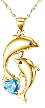 REDSUN 925 Sterling Silber Delphin Anhänger Silber/Gold Halskette Damen | Blau Herz Kristall/Mondstein Kette für Frauen Mädchen– Geschenk Geburtstag Muttertag Weihnachten Abschluss Freundin Mutter