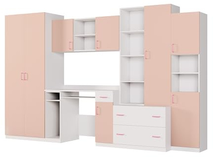 e-Meblast Wohnwand Wohnzimmer Möbel Nel - Modern Schrankwand 280 x 200 x 53 cm Wohnzimmerschränke - Wandkombination für Kinder und Jugendzimmer mit Schreibtisch (Rosa)