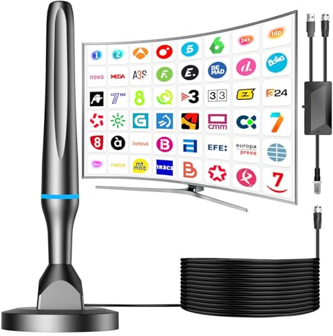 Antena TV Interior,2026 Antena HD Potente con Amplificador Ajustable recepción 360° Base Magnética Resistente para,Cobertura de la señal de TV en Abierto de 450km,Compatible con 4K 1080P DVB-T/DVB-T2