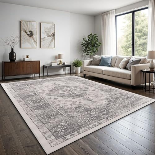 TT Home Boho Vintage Teppich Wohnzimmer Kurzflor - Retro Design, rutschfest & pflegeleicht, modern für Esszimmer & Flur Waschbar, Farbe:Grau 2, Größe:240x340 cm