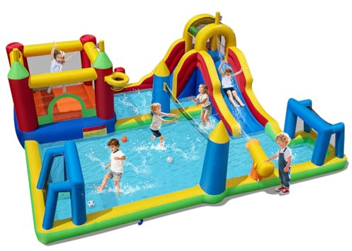 GYMAX Inflatable Water Castle, 9-in-1 Water Park with Slide, Giant Soccer Zone, Volleyball Net, Climbing Wall & Punching Bag, Children Bouncy House for 3-12 Years Old, 500x410x190cm (without Blower)