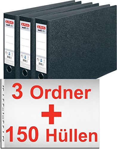Herlitz 10397073 Ordner maX.file A3 quer, Hartpappe, 7,5 cm, schwarz/Kombi-Set (3 Ordner + 150 Hüllen)