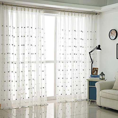 Naturer Vorhang Transparent Kräuselband Grau Sterne 145x140 Kurz Weiß Voile Gardinen mit Stickerei Vorhänge Muster 2er Set Fenstervorhang Wohnzimmer Kinderzimmer Dekoschal