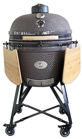 YNNI KAMADO TQ0C25GY maßgeschneiderter XL 63,5 cm Grill mit Trolley und Bambustischen, grau mit Chip Feeder, Grill, Keramik, Ei, Smoker, TQ0C25GY