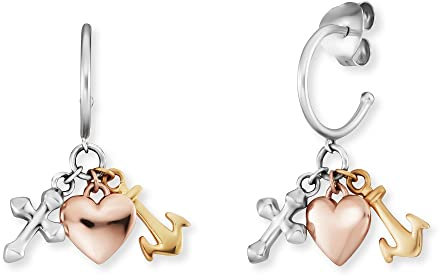Engelsrufer Damen Creole Tricolor aus Sterling Silber - Herz, Kreuz und Anker Anhänger - Clipverschluss - nickelfrei - dreifarbig silber gold roségold