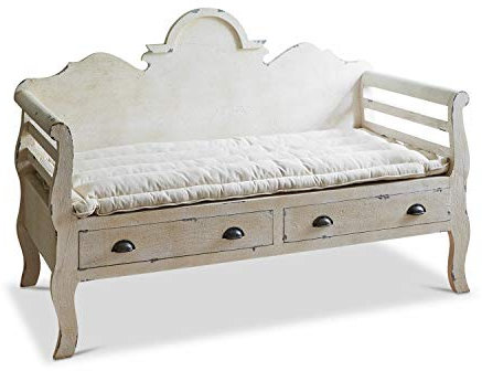 Loberon Bank Cecil, mit Zwei Schubladen, authentisches Antik-Finish, detailreich gearbeitet, inkl. Sitzkissen, romantische Note, Sitzbank, Sitzmöbel, Mangoholz, Baumwolle, antikweiß