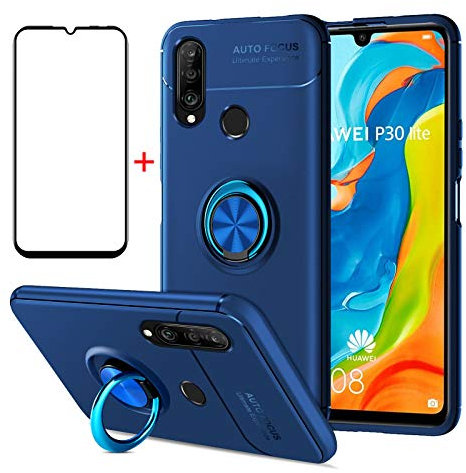 AKABEILA Funda Huawei P30 Lite Cristal Templado Huawei P30 Lite Compatibile con Huawei P30 Lite Carcasa en Silicona Pantalla Protectora Fundas Prueba Golpes Agarre Anillo Soporte Azul