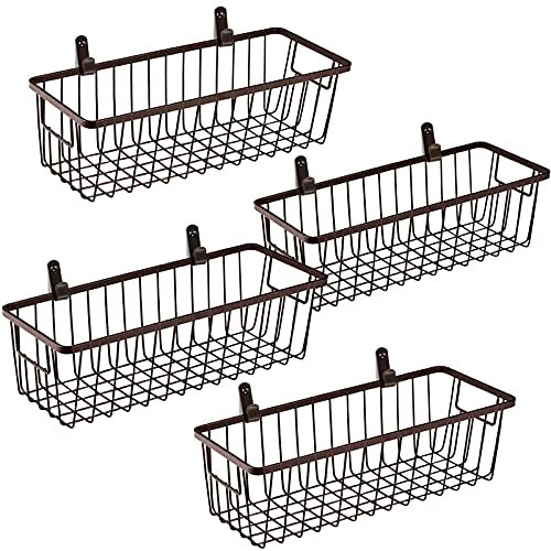 Farmhouse Metal Wire Bin Basket with Handle - Small, 4 Pack - Rustic Home Storage Organizer for Cabinets,Pantry,Closets,Cupboards, Shelves,Countertops,Bathroom Vanity,Kitchen,Bedroom (Bronze)