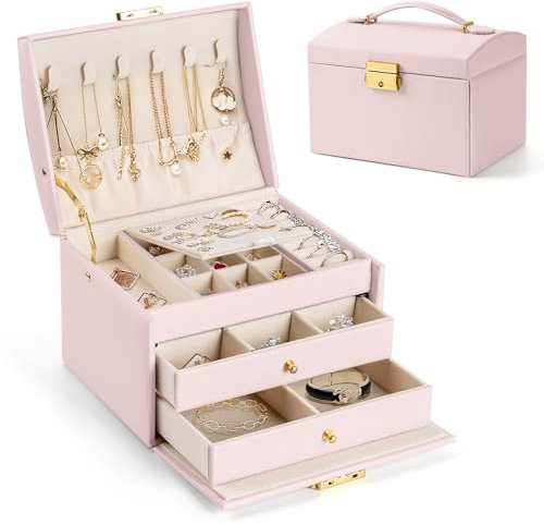 Aidodo Boite à Bijoux de Voyage en Cuir Imperméable - 3 Couches avec 2 Tiroirs, Serrure et Clé - Rangement pour Bagues, Boucles, Colliers, Bracelets