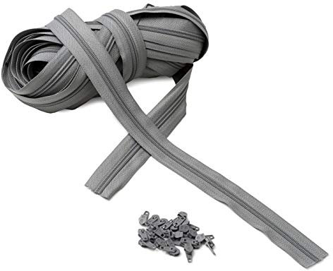 IPEA Reißverschluss Größe 3# durchgehende Kette – 10 Meter – Reißverschlüsse pro Meter aus Nylon + 25 Schieber inklusive – Reißverschluss – zuschneidbar zum Nähen, 3 Farben zur Auswahl, grau, Breite