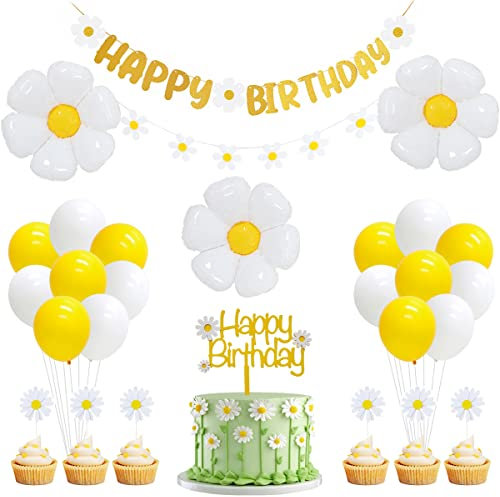 Daisy Birthday Party Decorations Girl with Happy Birthday Banner Cake Topper Balloons for Daisy Flower Boho Party Supplies
