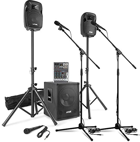 MAX MX-700 Complete PA System with Microphones, 700W Active Subwoofer, Speakers, Vonyx Mixer & Stands, Ideal for Bands, Vocalists & Live Performances