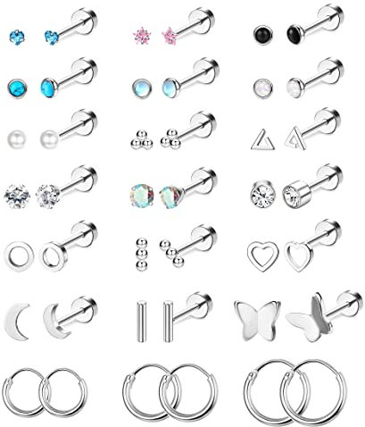 Finrezio 21 Paar Edelstahl Ohrstecker für Damen Herren - Tragus Helix Knorpel Piercing Schmuck - Gold Flache Rückseite Schmetterling Herz Winzige Ohrringe