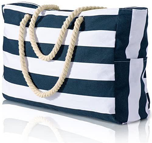 Becokan Strandtasche, groß, Strandtasche für Damen, wasserdicht, sanddicht, Schwimmbadtasche mit Reißverschluss, Dunkelblau, Large