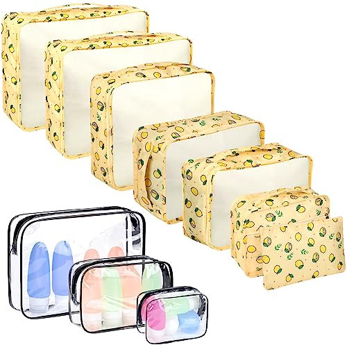 Enloffi Organizer Valigie 10 Pezzi Set Sistema di Cubo di Viaggio Impermeabili Viaggio Accessori Utili per Vestiti Scarpe Biancheria Intima Cosmetici Set di Valigie Portaoggetti, Giallo Limone