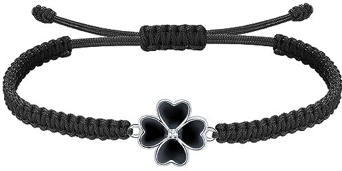 J.Endéar Kleeblatt Armband für Damen Mädchen Silber 925 Vierblättriger Glücksbringer mit Klee Schmuck handgefertigt Geflochtene Kordel Armband Verstellbares Geschenk, Schwarz