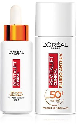 L'Oréal Paris Routine Illuminante e Protettiva, Con Siero 12% Pura Vitamina C e Fluido SPF 50+, Con Acido Salicilico, Revitalift Clinical, 30 ml + 50 ml