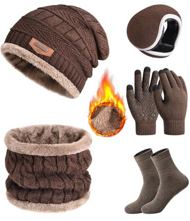 heekpek Herren Mütze Schal Handschuhe Ohrenwärmer Socken Set in Geschenkbox Thermo Gestrickt Wintermütze Loop Schal Touchscreen Handschuhe Herren Winterzubehör 5-teiliges Set, Braun
