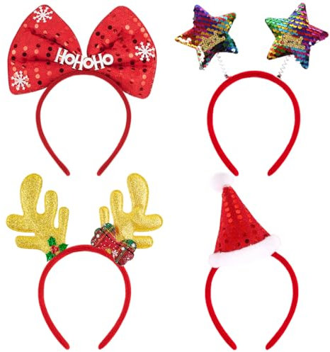 Bluelves 4 Stücke Glitzer Weihnachten Haarreif,Neuheit Xmas Weihnachtsfeier Kopfschmuck Set,Weihnachten Hut Rentier Geweih Schneemann Bögen Pailletten Sterne Haarreifen Party für Kinder Erwachsene
