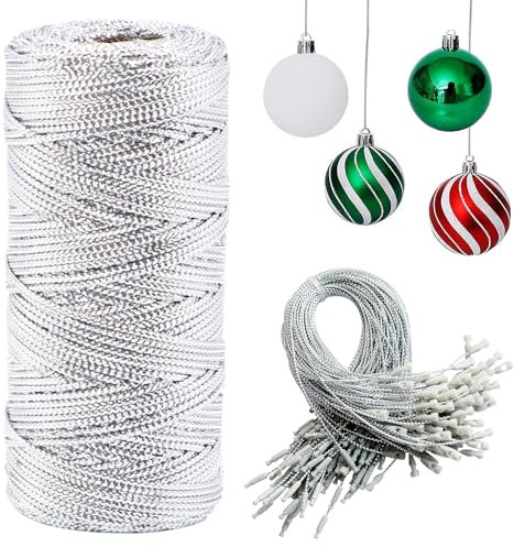 VEGCOO Fil Noel Métallique Cordon 1,5 mm x 100m Corde et 20 Cordes à étiquettes de Loisirs Créatifs pour Bijoux Décoration de Noël, Emballage de Cadeaux, Loisirs Créatifs (Argenté)